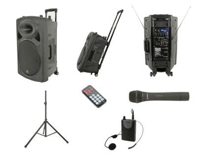 QTX QR12PA Battery + Mains 200W Speaker + Handheld + Headset Radio Mic + Stand