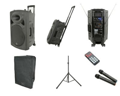 QTX QR12PA Battery + Mains Portable 200W Speaker 2 x Radio Mic + Cover + Stand
