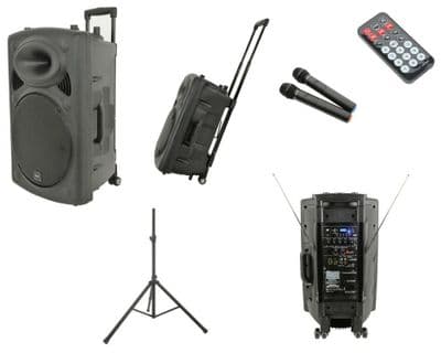 QTX QR12PA Battery + Mains Portable 200W Speaker 2 x Radio Mic USB SD + Stand