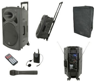 QTX QR12PA Portable PA Speaker USB SD MP3 2 x Wireless Mics + Cover Rechargeable