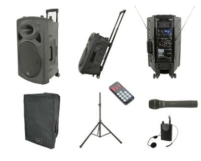 QTX QR12PA Rechargeable 200W Speaker Hand + Headset Radio Mic + Stand + Cover