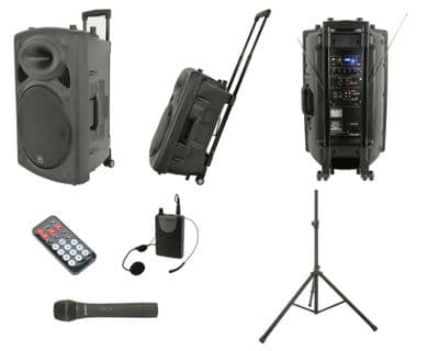 QTX QR15PA Battery + Mains 250W Speaker 1x Handheld 1x Headset Radio Mic + Stand