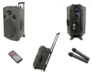 QTX QR15PA Portable Battery + Mains 250W PA Speaker USB 2 x Radio Mics + Remote