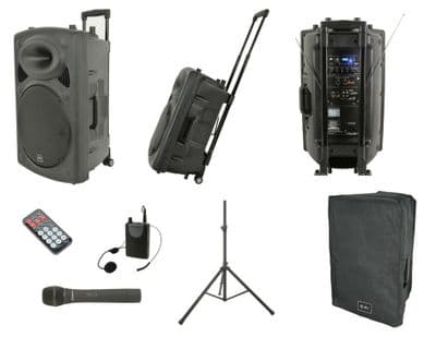 QTX QR15PA Rechargeable 250W Speaker Handheld + Head Radio Mics + Stand + Cover