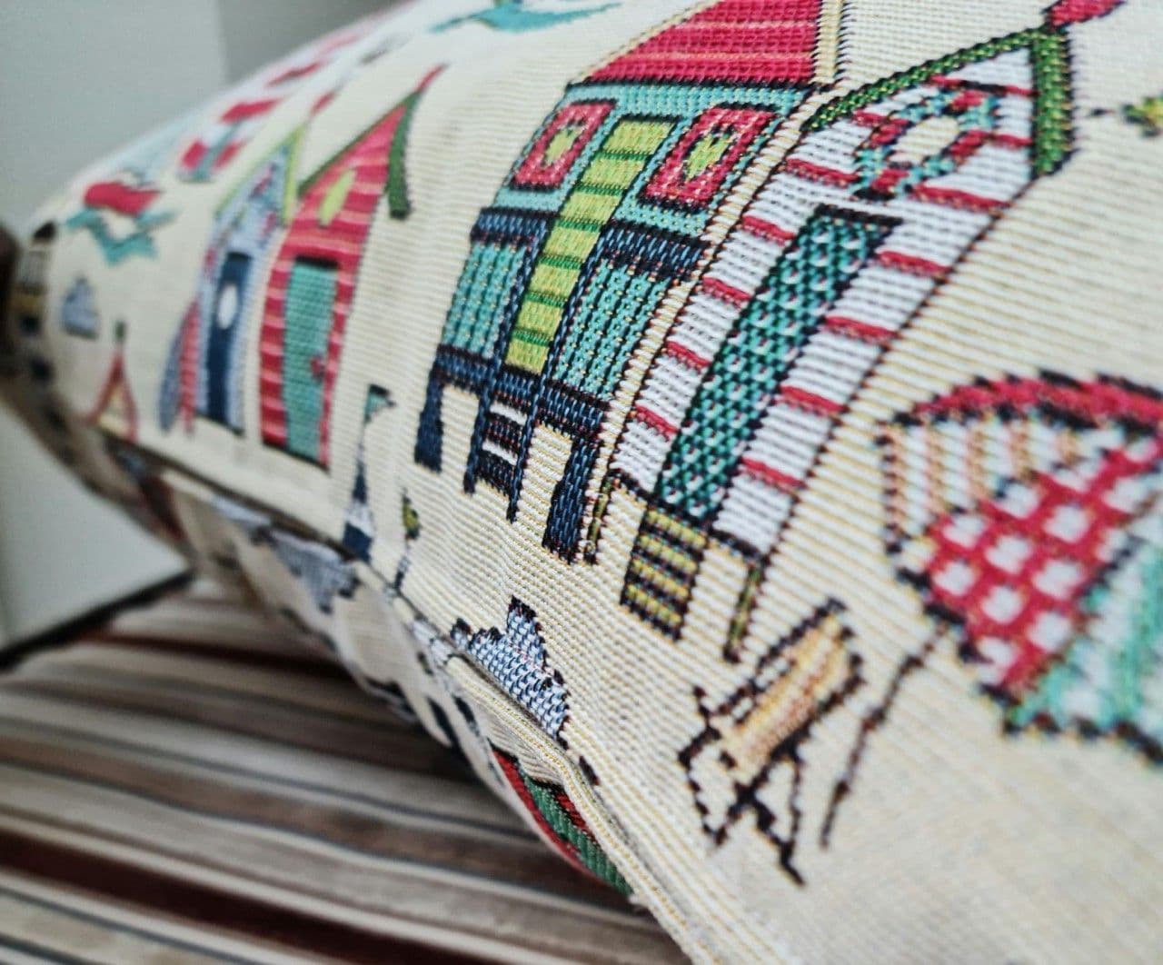 Bespoke beach hut tapestry fabric cushion 45 x 45/30x 50 cm Oxford flap