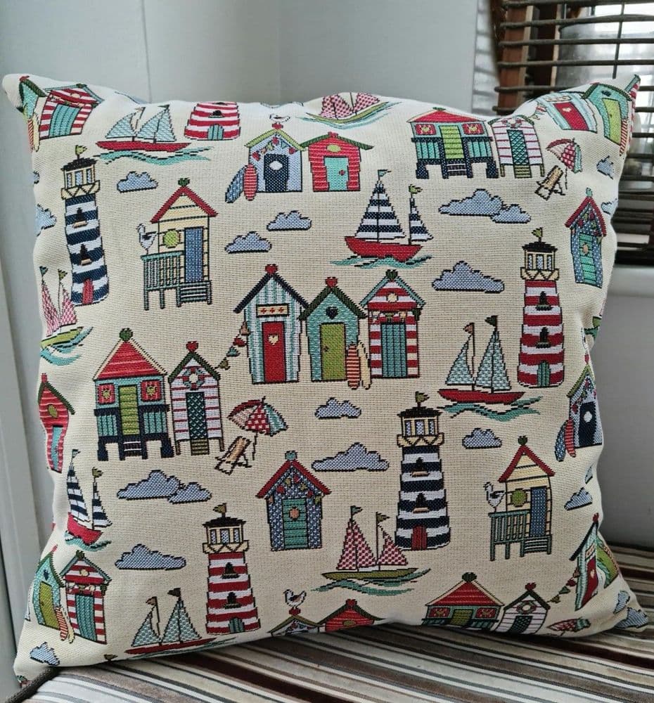 Bespoke beach hut tapestry fabric cushion 45 x 45/30x 50 cm Oxford flap