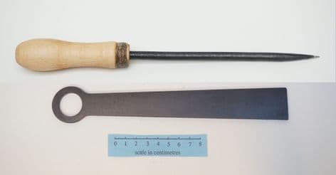 basket weavers  bodkin and rapping iron with  beech wood handle and linen ferrule