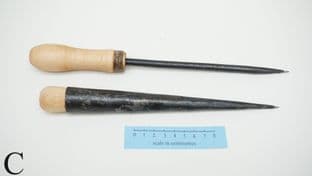 basket weavers large taper bodkin and rapping iron with beech wood handle and linen ferrule