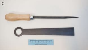 basket weavers large taper bodkin and rapping iron with  beech wood handle and modern ferrule