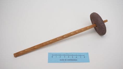 coarse grain pottery drop spinning spindle and beechwood shaft last one