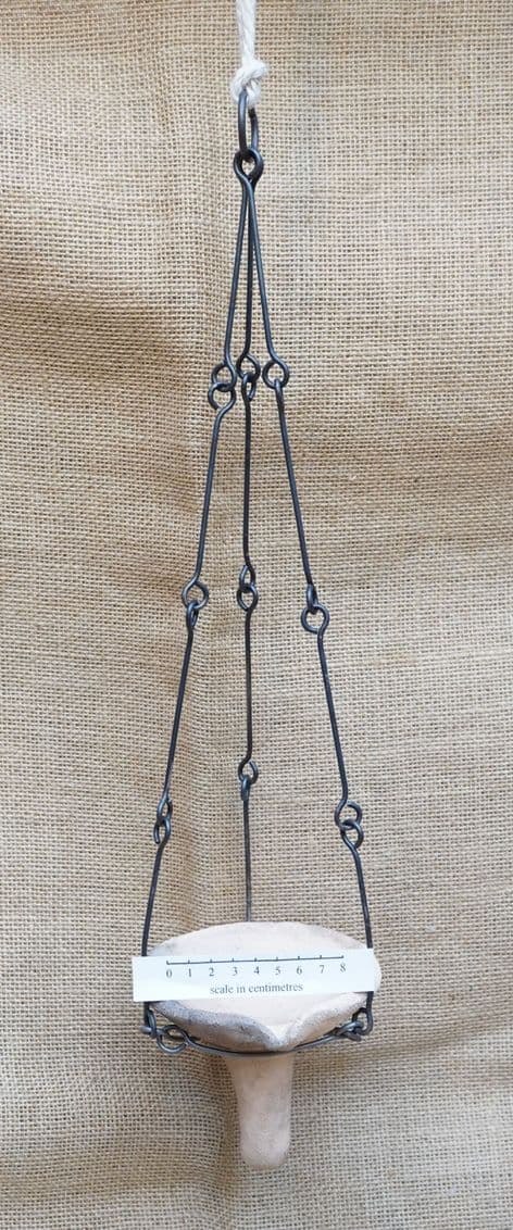 medieval pottery cresset oil lamp and suspension chain in forged steel