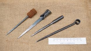Roman leather workers awls from the city of London set of4