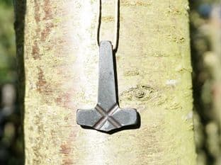 Viking forged steel thor's or thors hammer cross design with linen string