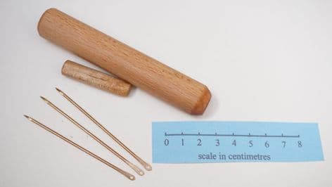 viking to medieval wooden needle case and choice of bronze needles