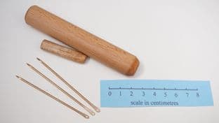 viking to medieval wooden needle case and choice of bronze needles