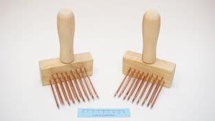 weavers pair of hand forged copper plated steel wool combs made in Sheffield England