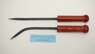 willow basket weavers tool set of a straight and curved bodkin with stained pine doric style handles