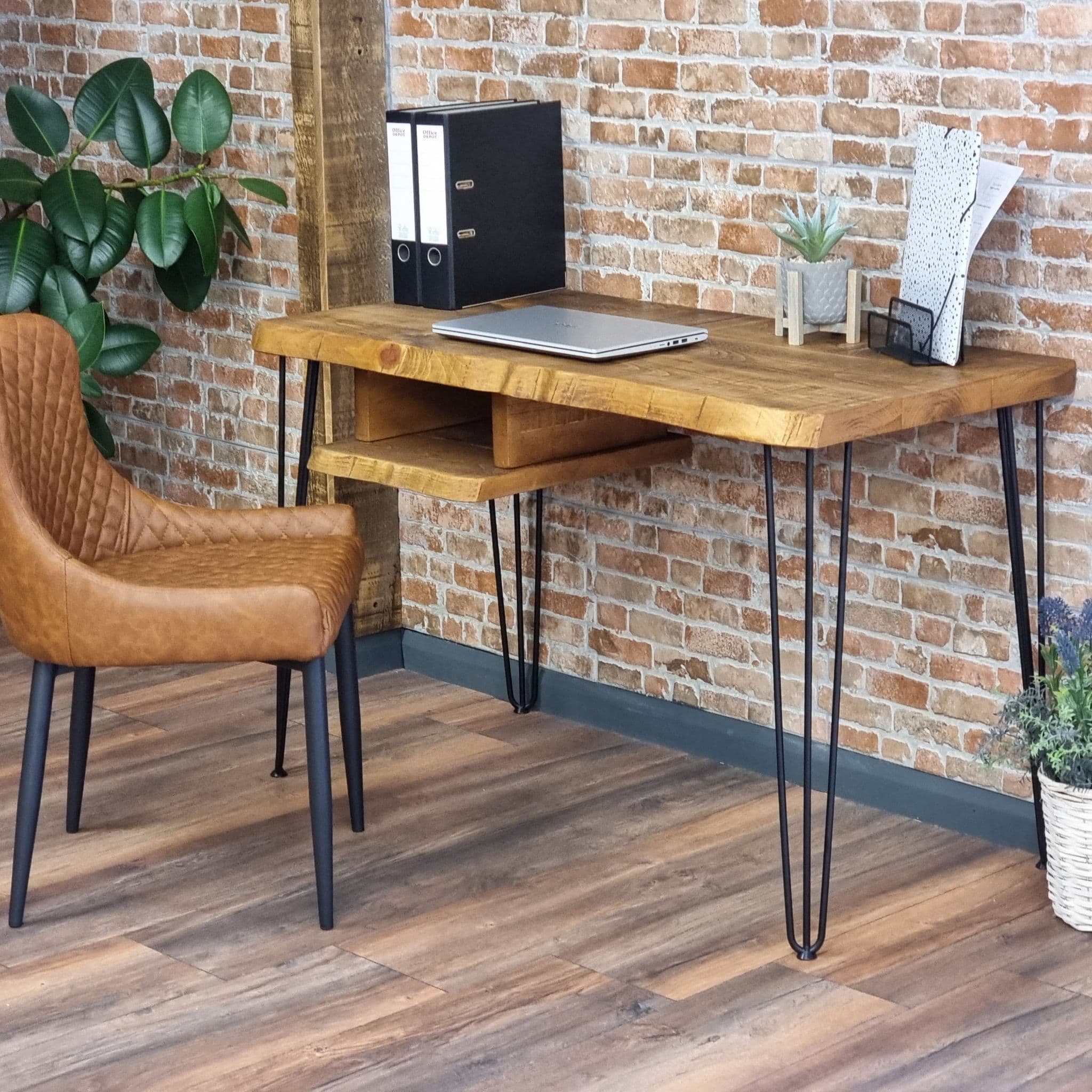 Live Edge Desk with Shelf Industrial Hairpin Legs