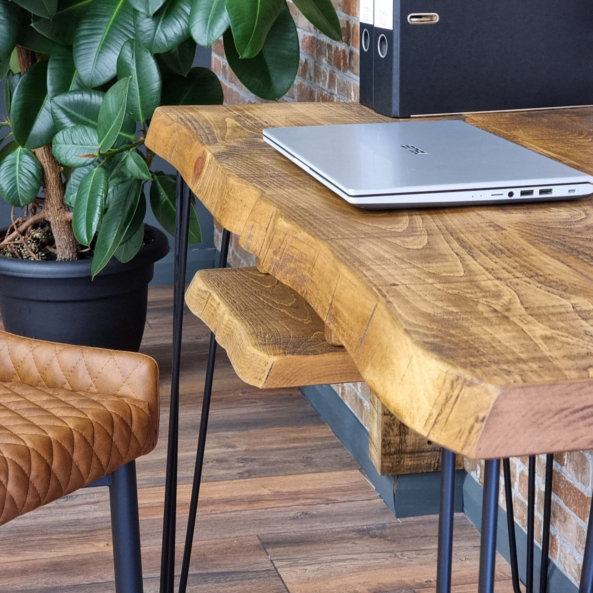 Live Edge Desk with Shelf Industrial Hairpin Legs