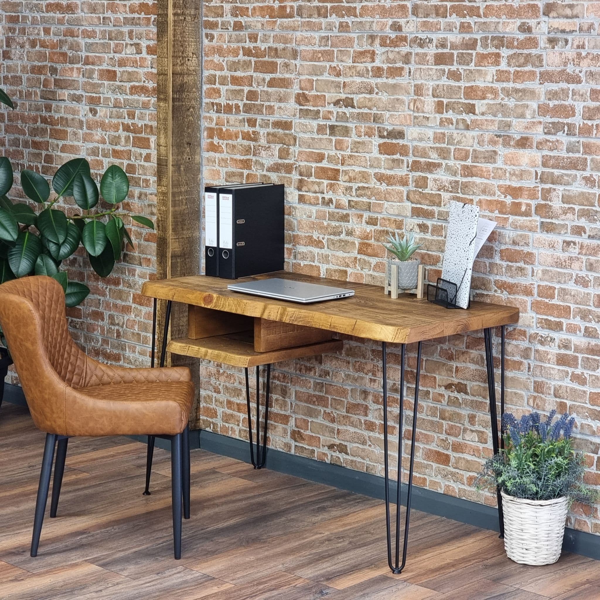 Live Edge Desk with Shelf Industrial Hairpin Legs