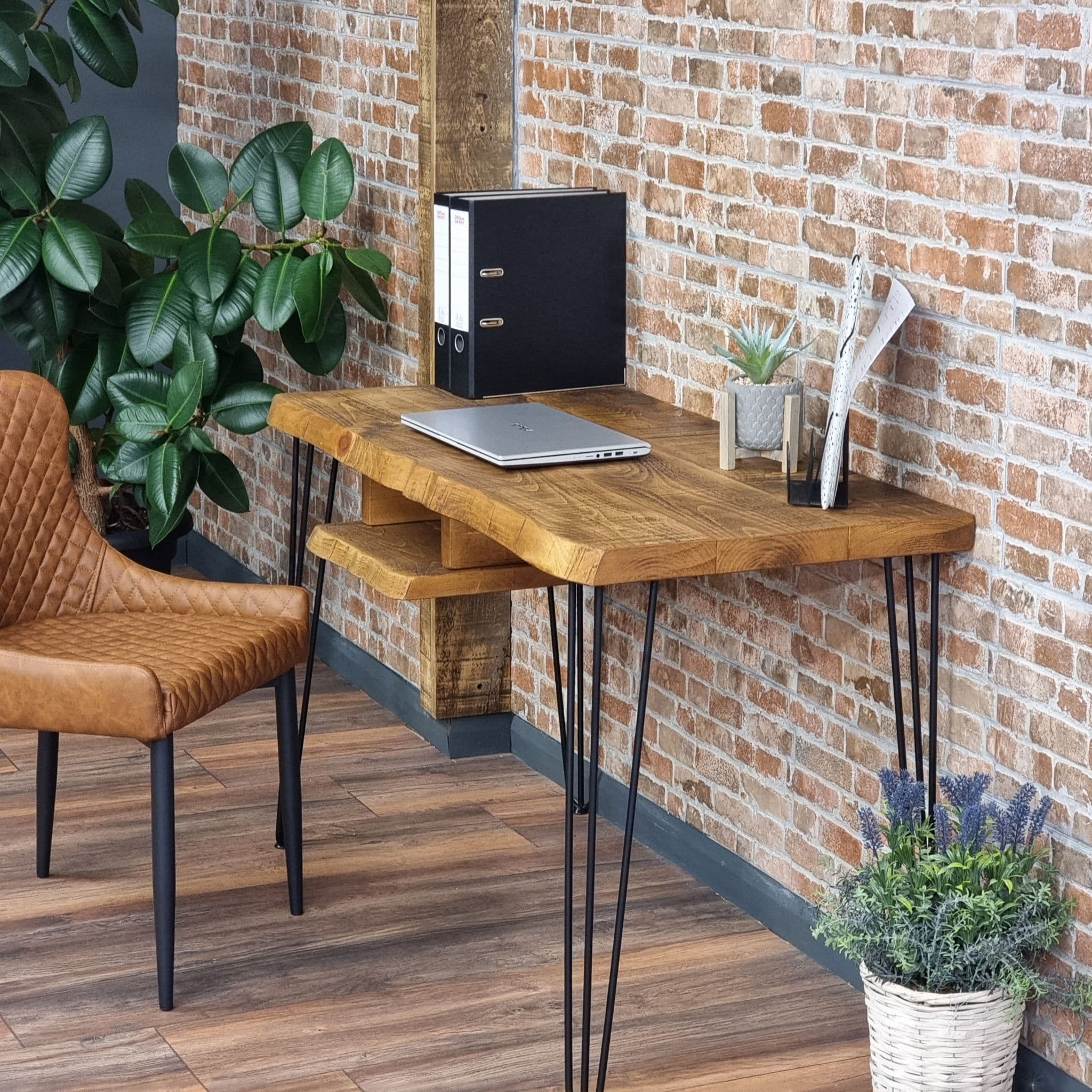 Live Edge Desk with Shelf Industrial Hairpin Legs