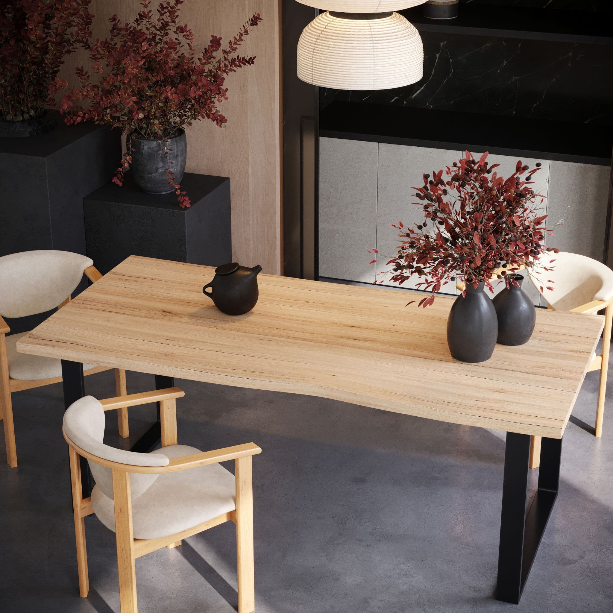 Live Edge Solid Oak Dining Table with Steel Frame Square Legs