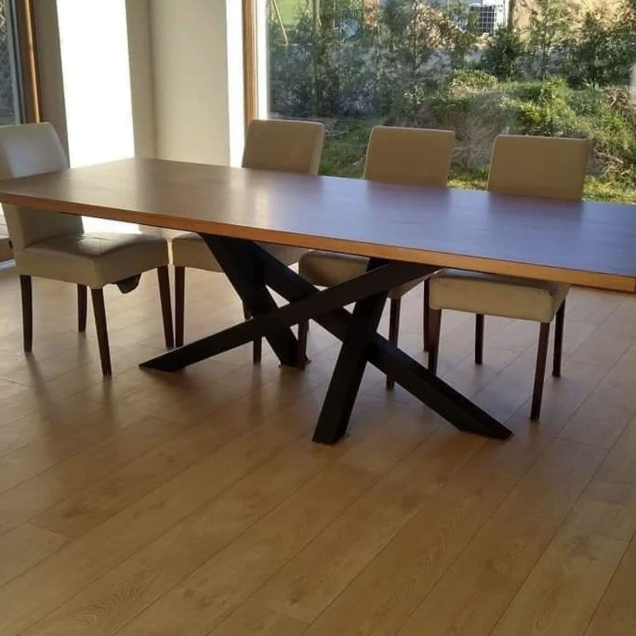 Straight Edge Solid Oak Dining Table Crossover Legs Handmade