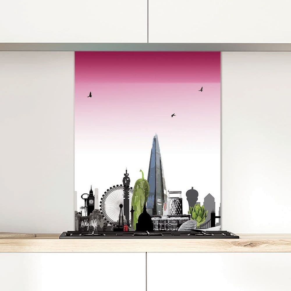 London Skyline With A Twist Pink - Glass Splashback