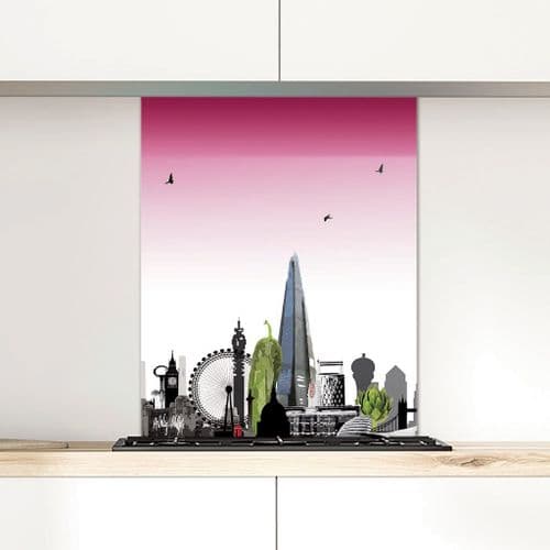 London Skyline With A Twist Pink - Glass Splashback