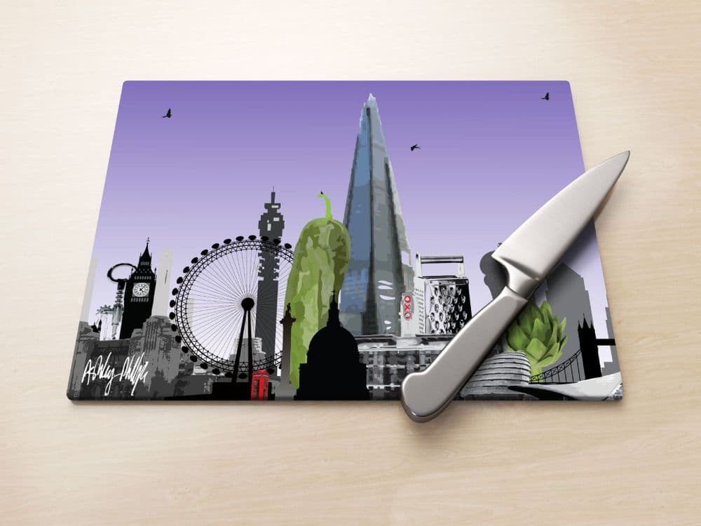 London Skyline With A Twist Purple - Glass Worktop Saver