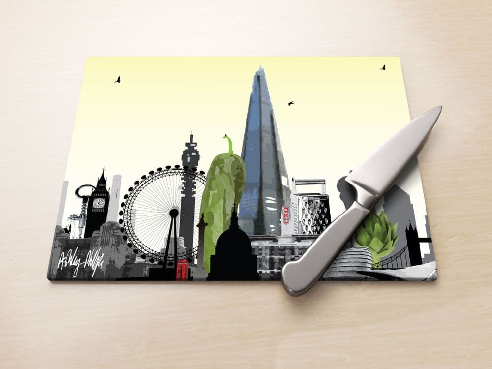 London Skyline With A Twist Yellow Glass Worktop Saver