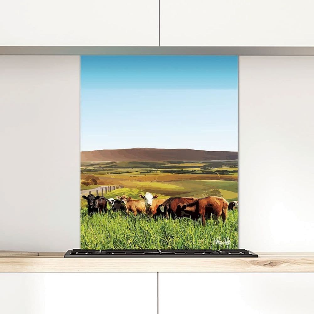 Rolling Hills With Cows Blue - Glass Splashback