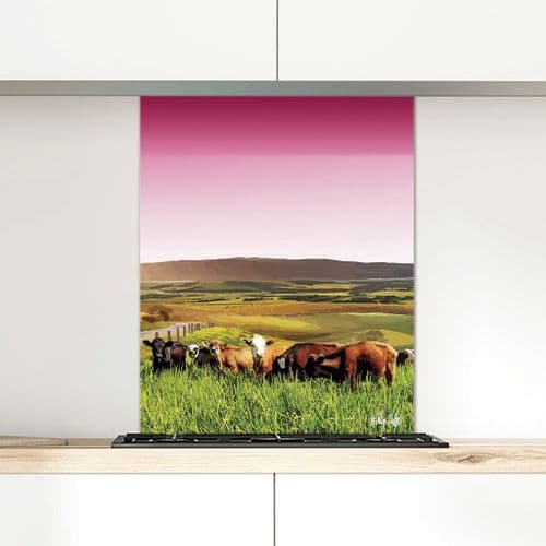 Rolling Hills With Cows Pink - Glass Splashback