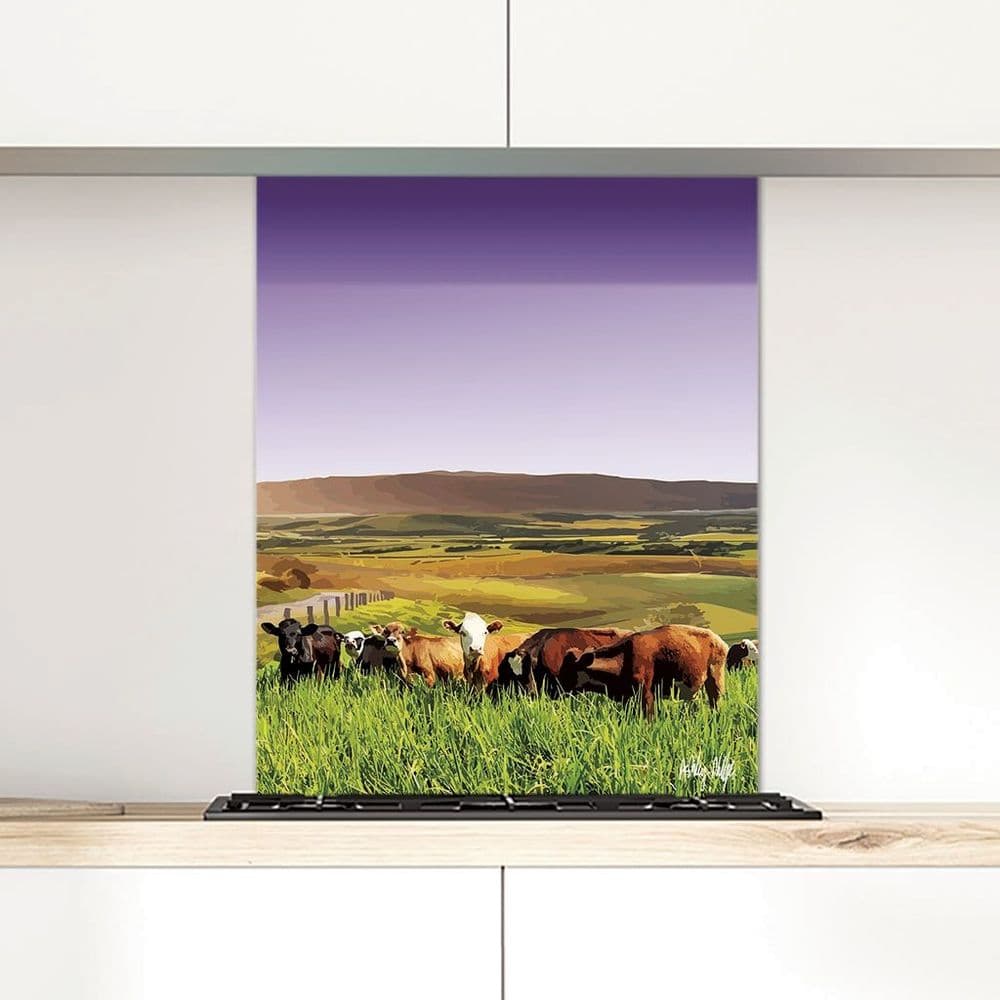 Rolling Hills With Cows Purple - Glass Splashback