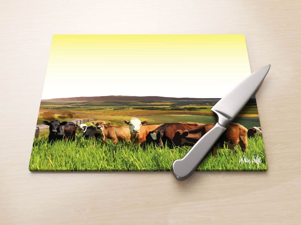 Rolling Hills With Cows Yellow Glass Worktop Saver