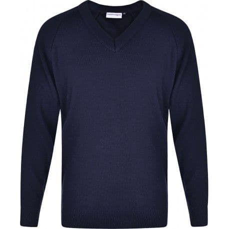 V Neck Jumper with School Logo.