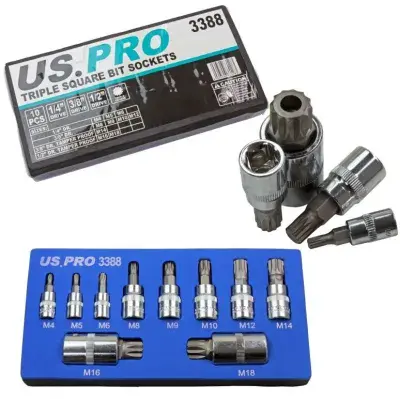10pc Spline Bit Socket Set M4 to M18 Tamperproof Triple Square US PRO 3388