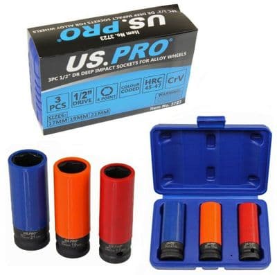 3pc Alloy Wheel Deep Impact Socket Set 17mm 19mm 21mm  US PRO 3723