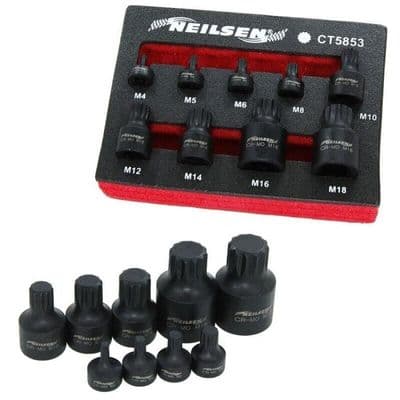 9pc Stubby Impact Spline Bit Socket Set M4 to M18 Low Profile in EVA Foam Tray Neilsen CT5853