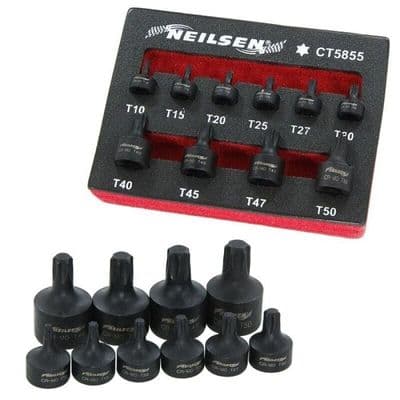 9pc Stubby Impact Torx Bit Socket Set T10 to T50 Low Profile in EVA Foam Tray Neilsen CT5855