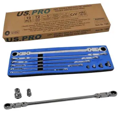 US PRO 10pc Flexi Head Ratchet Spanner Set Double Joint Long Reach In EVA Foam