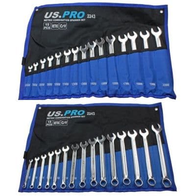 US PRO 15pc Combination Spanner Set Metric 8mm/22mm In Tool Roll