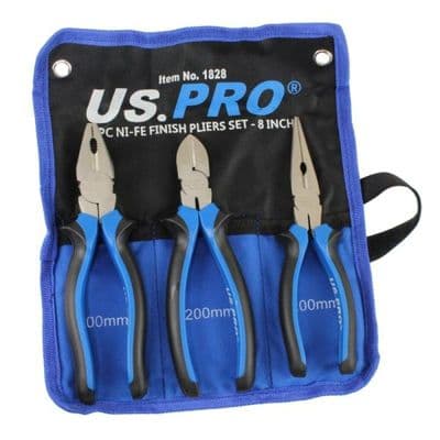 US PRO 3pc Plier Set Combination Long Nose And Side Cutters In Tool Roll