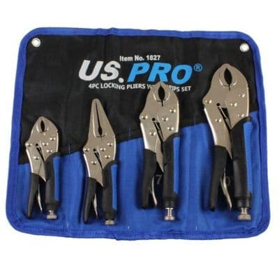 US PRO 4pc Locking Plier Set Long Nose And Curved Jaws In Tool Roll