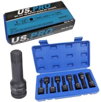 US PRO 9pc Long Spline Bit Impact Socket Set 1/2