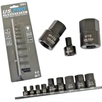 US PRO 9pc Stubby Hex / Allen Bit Impact Socket Set 6mm/19mm On Storage Rail