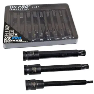 US PRO INDUSTRIAL 9pc Long Spline Bit Impact Socket Set M4 to M14 3/8