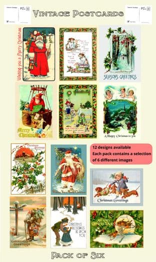 6 Pack of  Vintage Christmas Postcards Santas, Robins, Holly, Dogs, Cherubs, Children