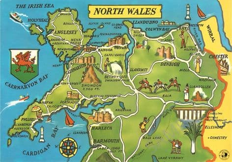 North Wales Map 60's postcard style