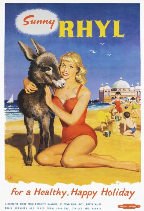 Sunny Rhyl   Girl with Donkey  British Rail poster